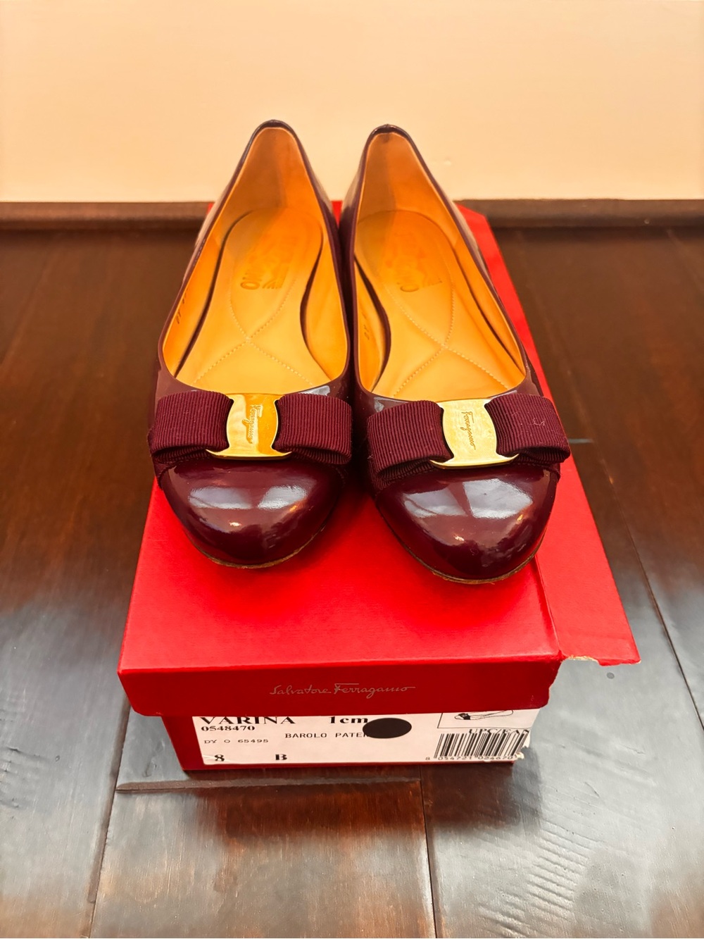 Salvatore Ferragamo Patent Leather Varina Flats in Burgundy